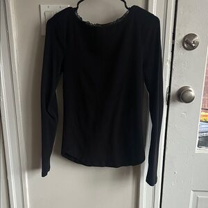Free People Black Lace-Trim Long Sleeve Top